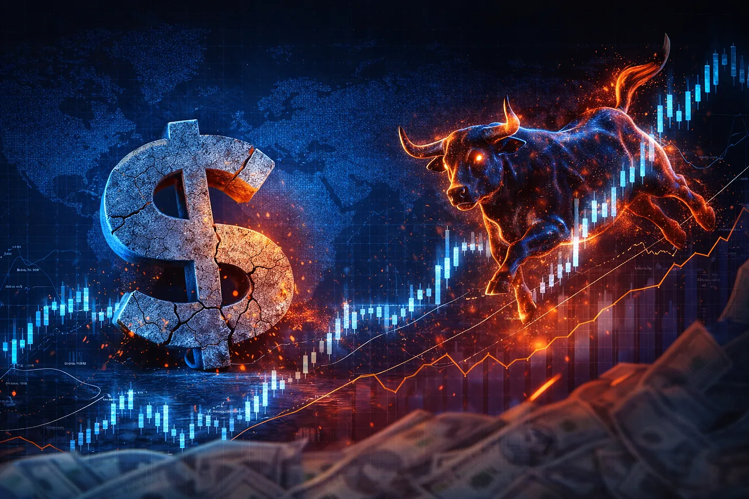 Cracked dollar symbol beside a bullish market bull with rising market charts
