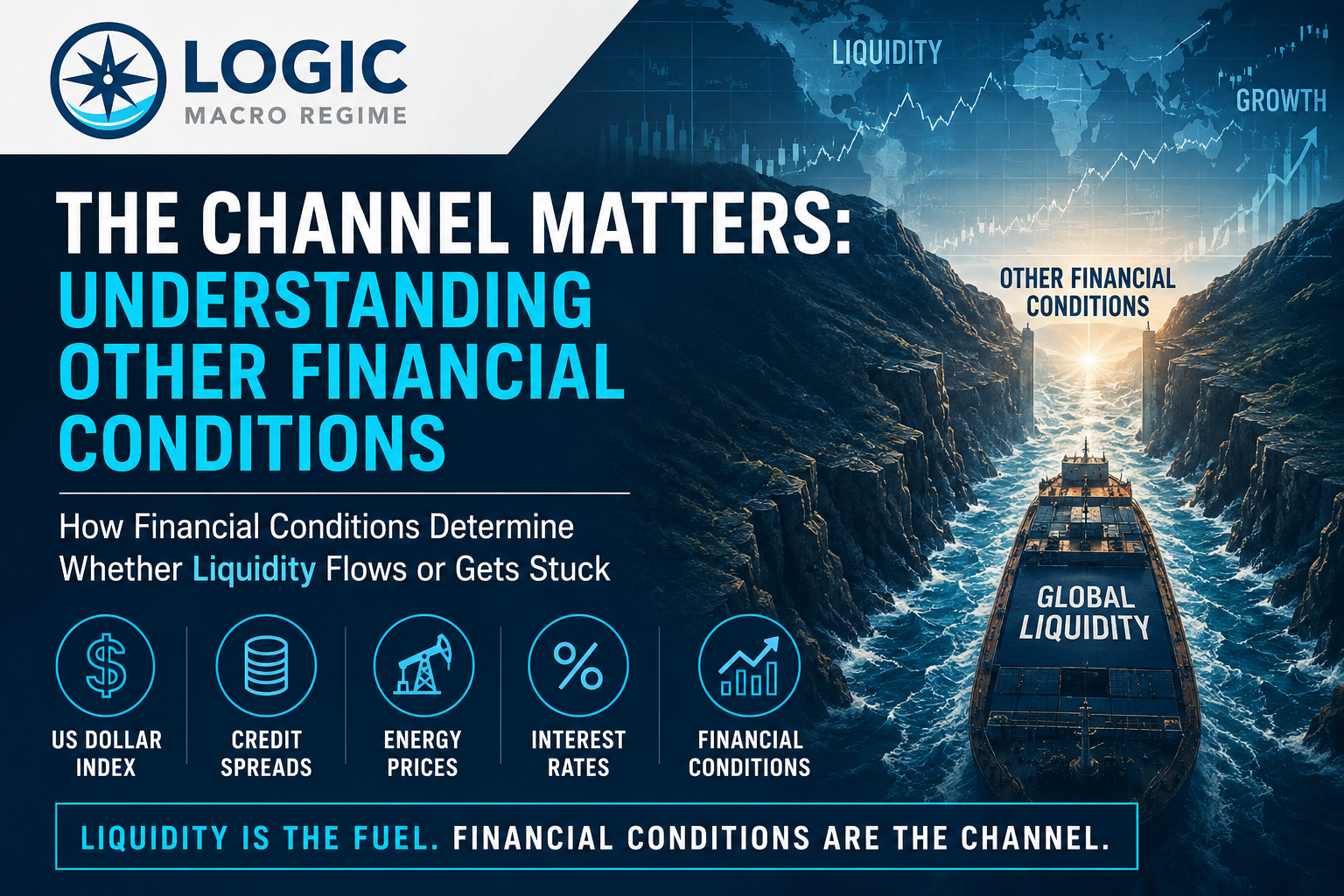 Other Financial Conditions infographic showing liquidity flowing through the channel of the US dollar, credit spreads, energy prices, and interest rates
