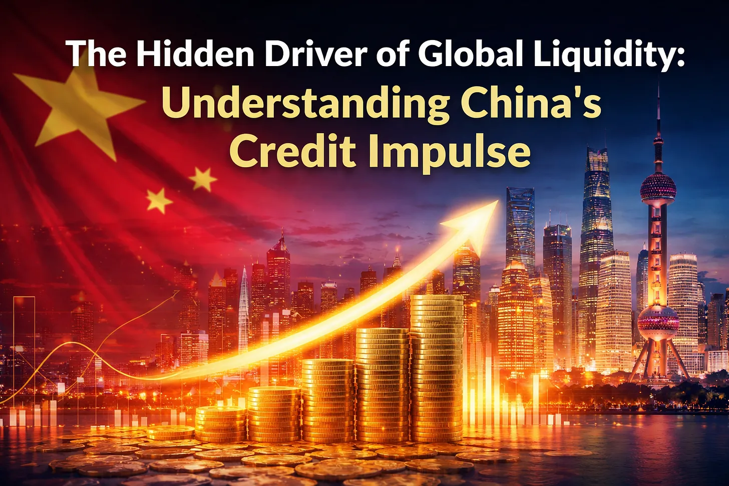 China skyline, flag, upward arrow and stacked coins illustrating China credit impulse